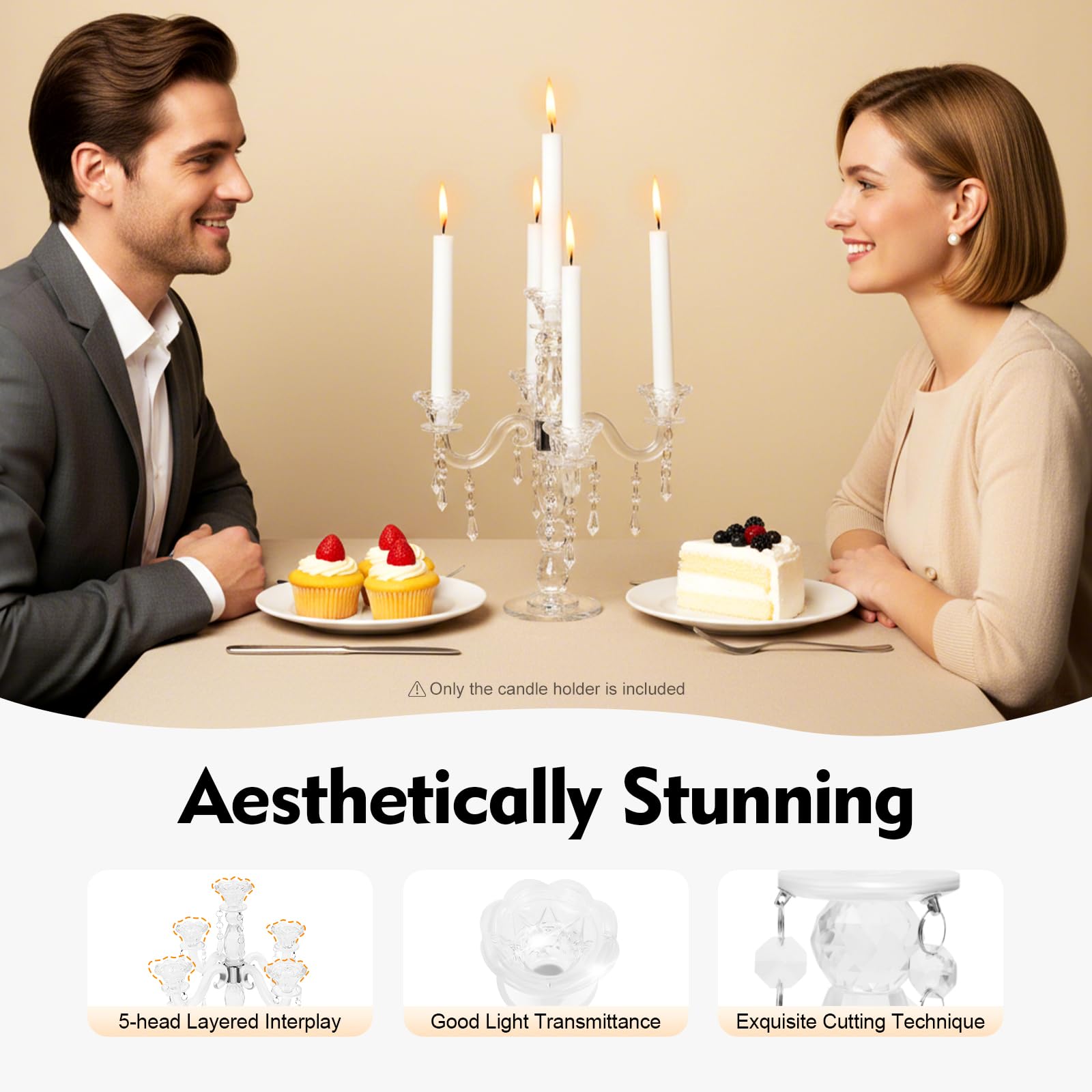 Candelabro de cristal de 5 brazos para decoración de mesa, candelabro moderno para velas de mesa y velas LED, accesorio de mesa para casa, boda, cena, transparente, 25 x 35,5 cm