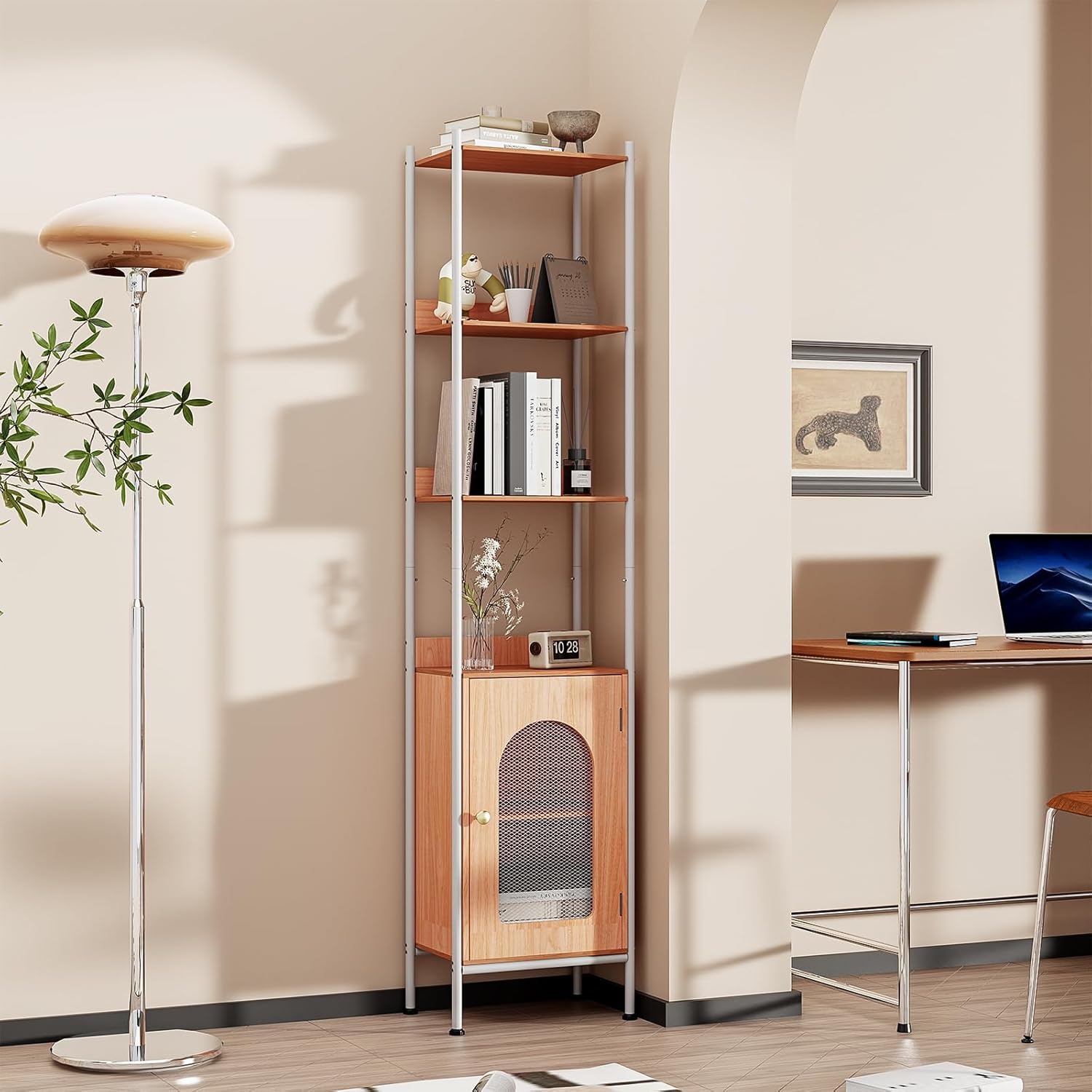 Size 6-Tier Book Shelf with Storage Cabinet,Freestanding Bookcase,Industrial Book Organizer Shelf for Living Room, Bedroom,Home Office, Rustic Brown Wood and Metal Design (Raw Wood Color, 6-Tier)