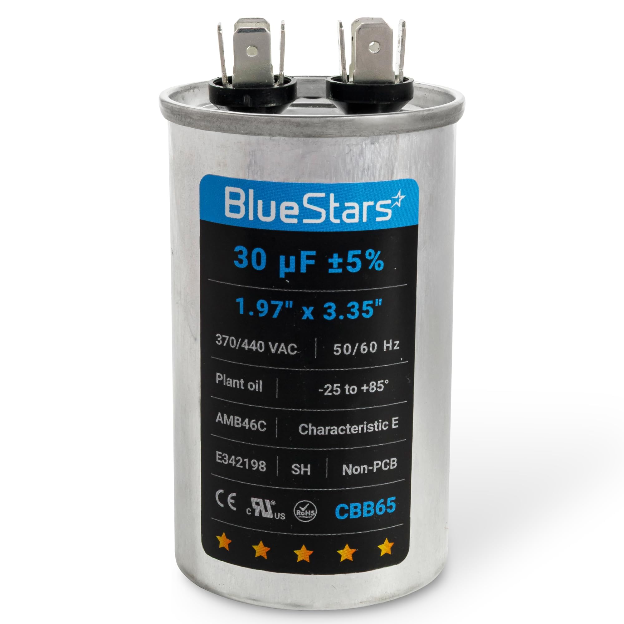 Photo 1 of [Compact Ver] BlueStars 30 uF MFD ±5% 370V 440V AC CBB65 Multi-Purpose Motor Run Round Capacitor 50/60 Hz for for Air Conditioner, Condenser Fan Motor Start and Straight - CE cRUus Certified