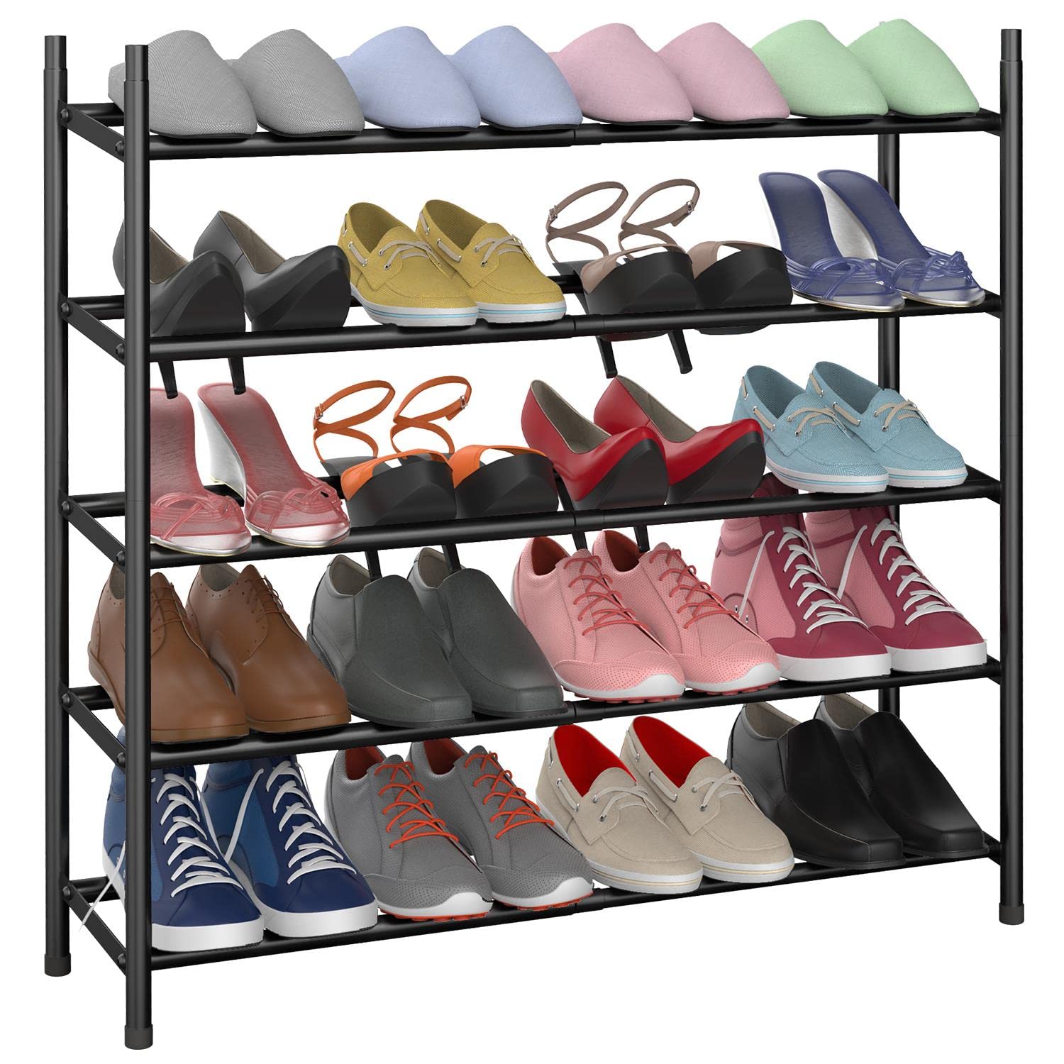 Vinsani 5 Tier Minimalist Shoe Rack Extendable Adjustable Metal Organiser Open Storage Stand Holds 20 Pairs of Shoes Heavy Duty Storage Unit Easy Assembly – Black