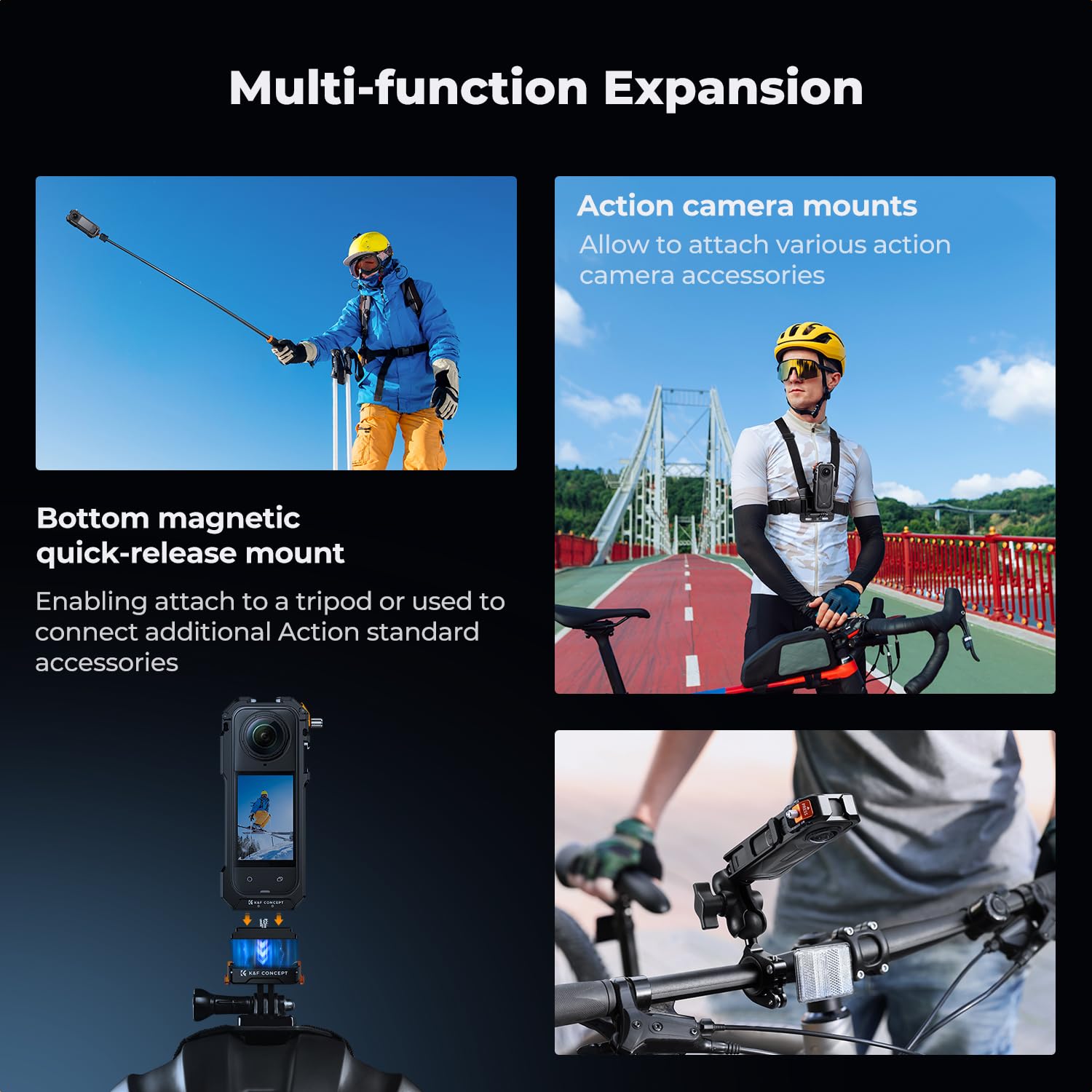 Klatka fotograficzna K&F CONCEPT Standard do aparatu Insta360 X5, aluminiowa rama z silikonową osłoną obiektywu, otwór na śrubę 1/4", 2 stopki mocujące, obudowa przedłużająca z folią ochronną ekranu