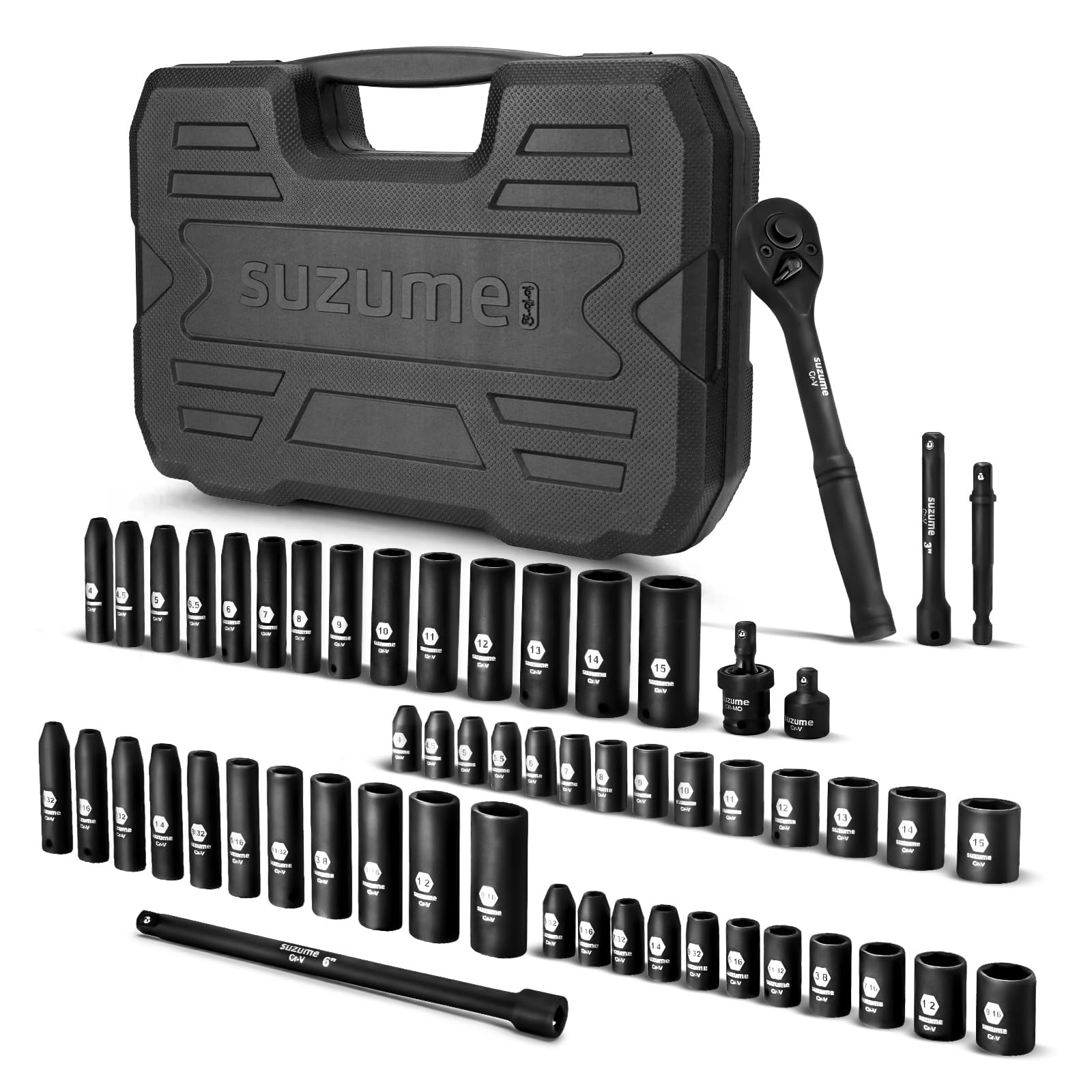 1/4" Drive Impact Socket Set, Cr-V Steel, 6 Point, 56-Piece Standard Metric (4-15mm) and SAE (5/32-Inch to 9/16-Inch) Sockets with Adapters & Ratchet Handle, Extension Bars, Universal Joint