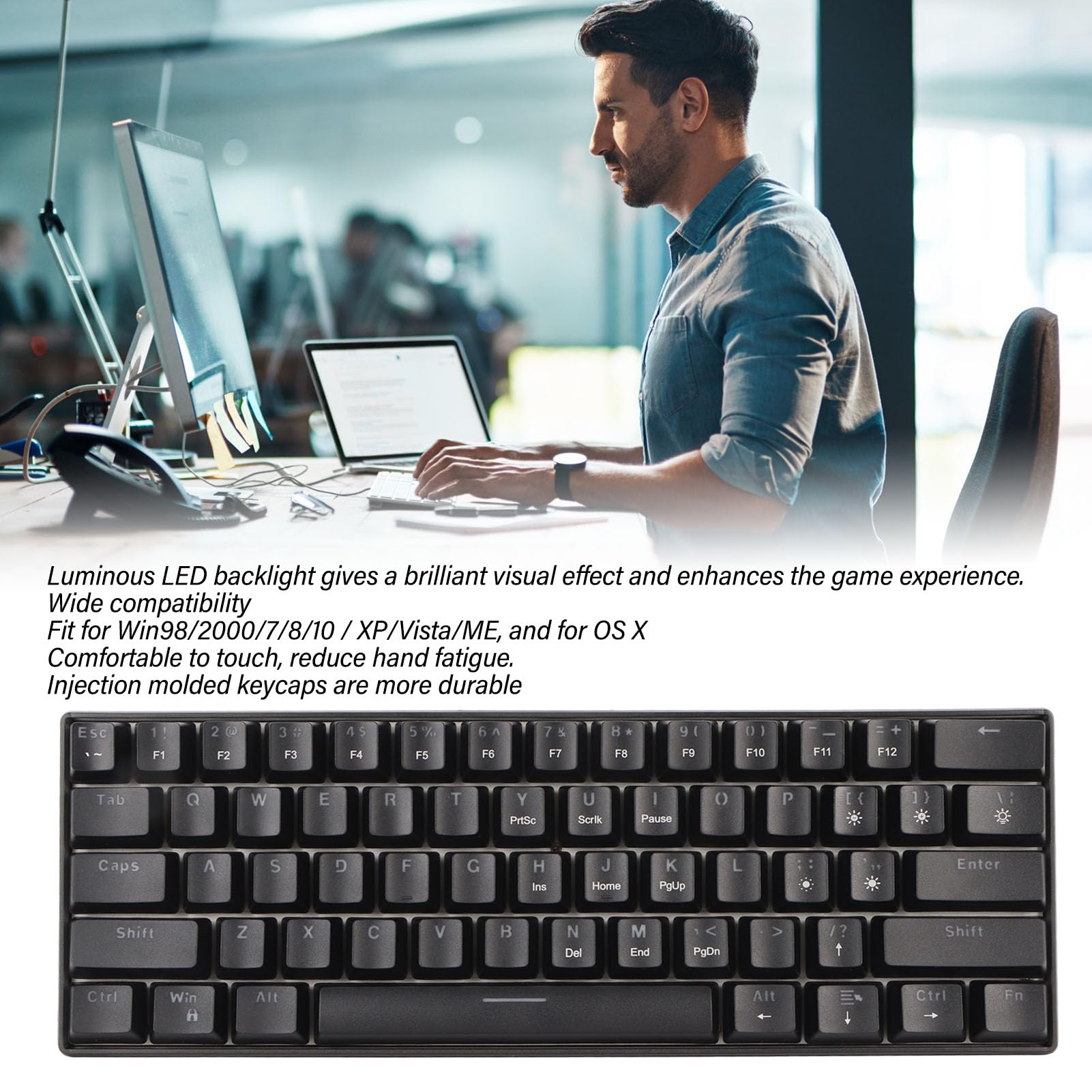 Generic Ergonomiczna Przewodowa Mechaniczna Klawiatura do Gier w 60% z Podświetlanymi Klawiszami dla Graczy i Maszynistek (Przełącznik koloru czarnego i niebieskiego)