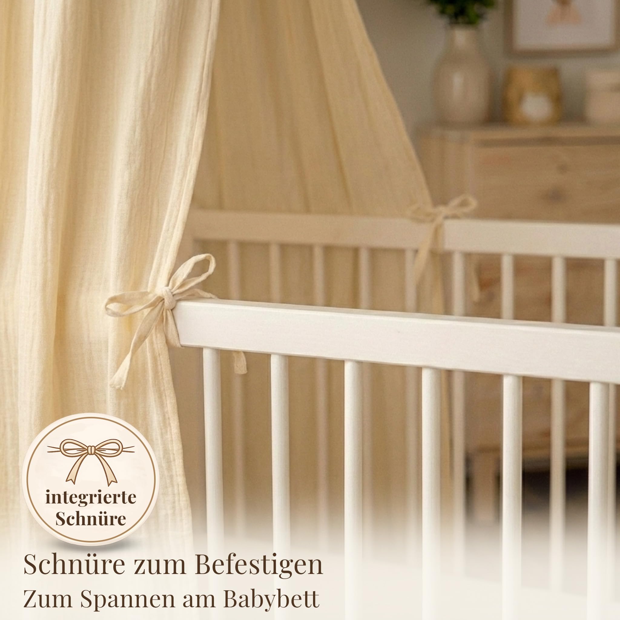 Betthimmel Babybett Set - Musselin Stoff mit montierter Himmelstange - Baldachin für Babybett zum Anklemmen - Himmelbett Vorhang & Kinderzimmer Deko in 135cm (Creme)