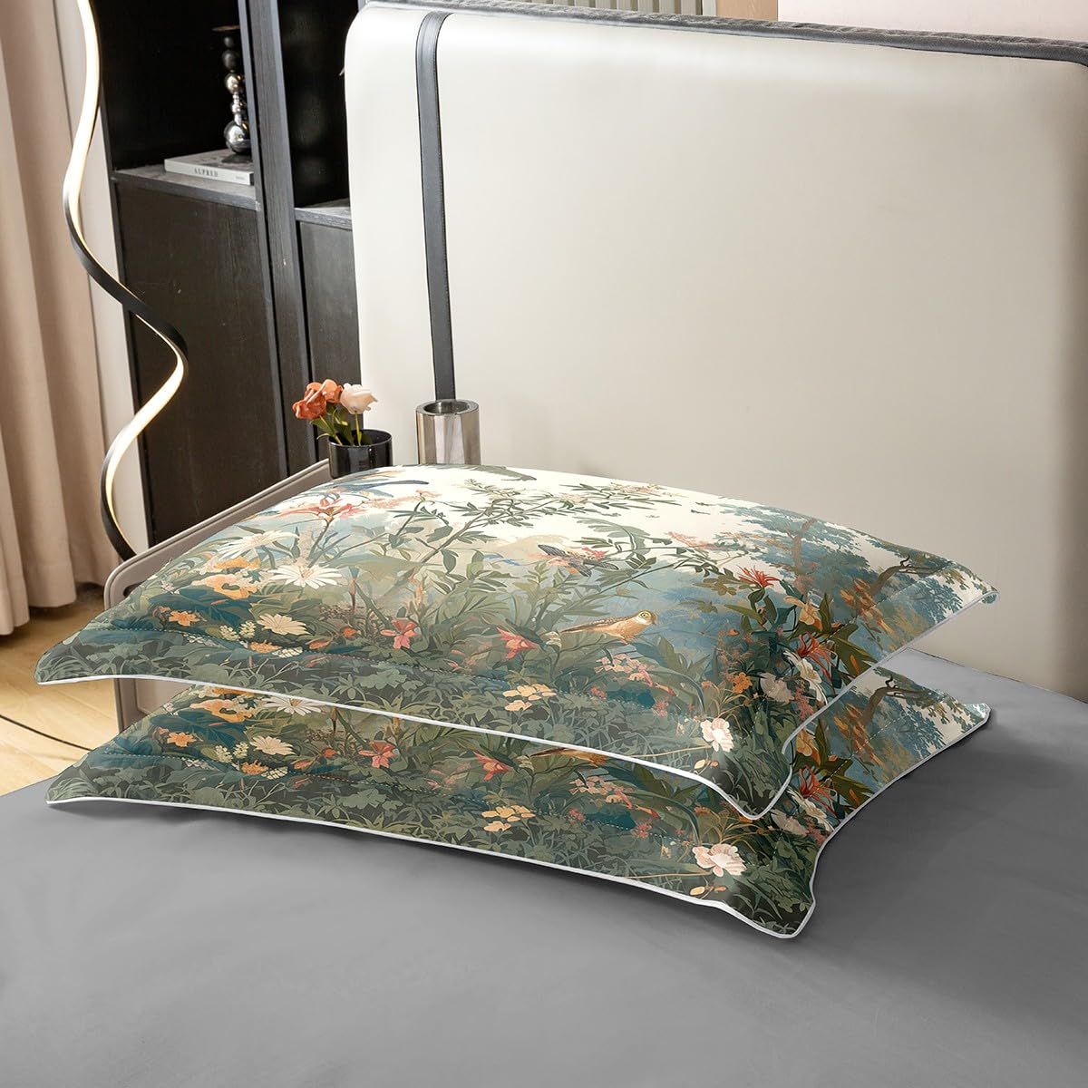 Loussiesd Pflanzen 100% Baumwolle Bettwäsche Set 155x220cm Blume Bettbezug Set für Vögel Betten Set Gras Betten Set Grün Bettwäsche-Set