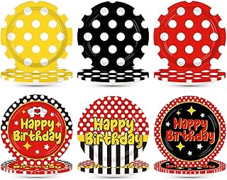 Grencian 60 Pcs Cartoon Mouse Birthday Party Decorations 9” Red Mouse Birthday Party Plates Red Black Yellow Polka Dot Platter Decorations for Halloween Boys Girls Cartoon Theme Parties Supplies
