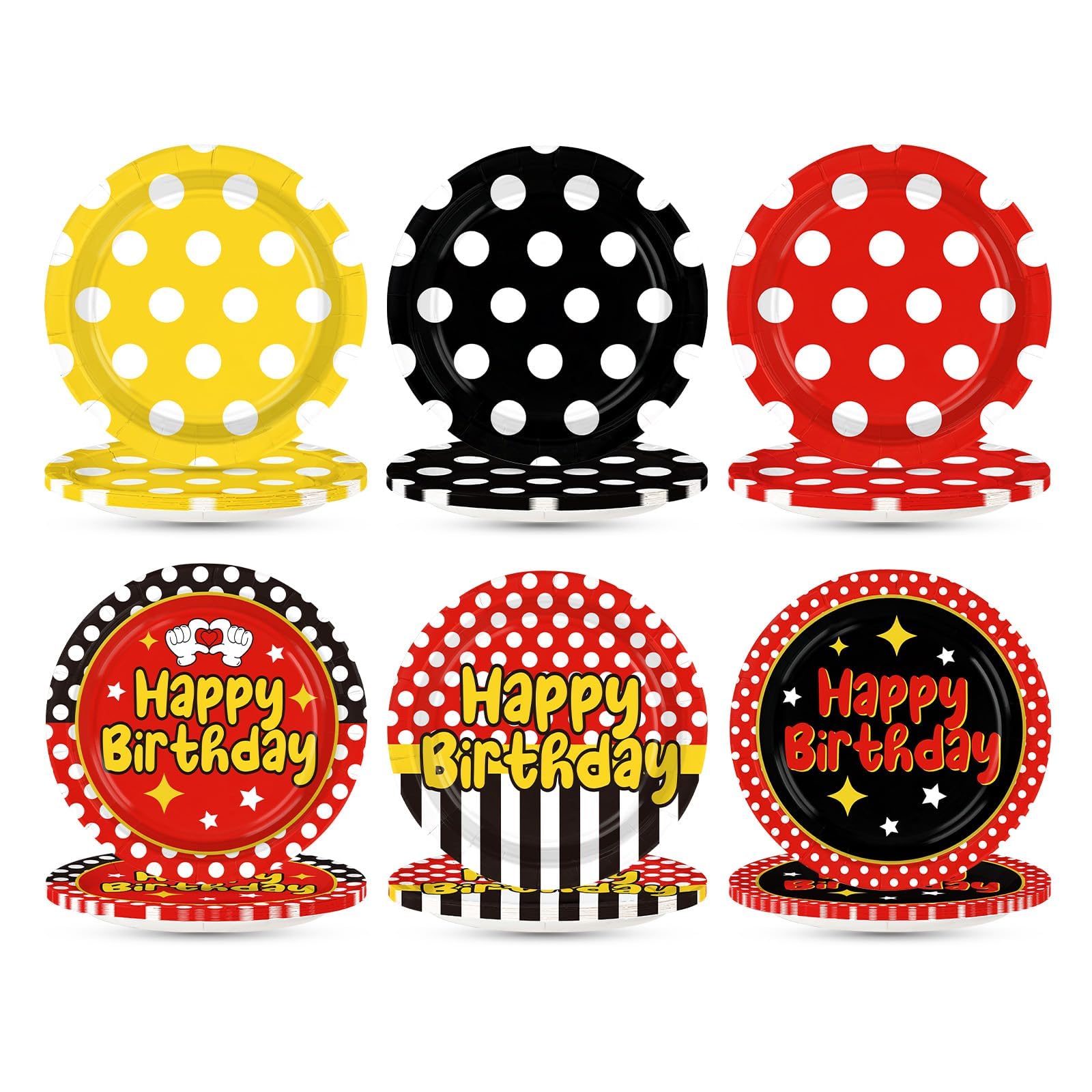 Grencian 60 Pcs Cartoon Mouse Birthday Party Decorations 9” Red Mouse Birthday Party Plates Red Black Yellow Polka Dot Platter Decorations for