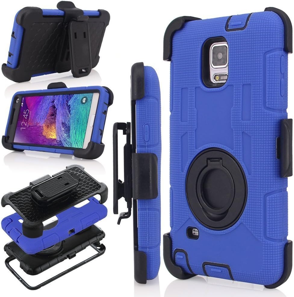 ULAK Note 4 Case, Galaxy Note 4 Case, Heavy Duty Shockproof Protection Shell Hybrid Rugged for Samsung Galaxy Note 4 Case Rubber Built-in Rotating Kickstand Belt Swivel Clip Holster Note 4(Blue/Black)
