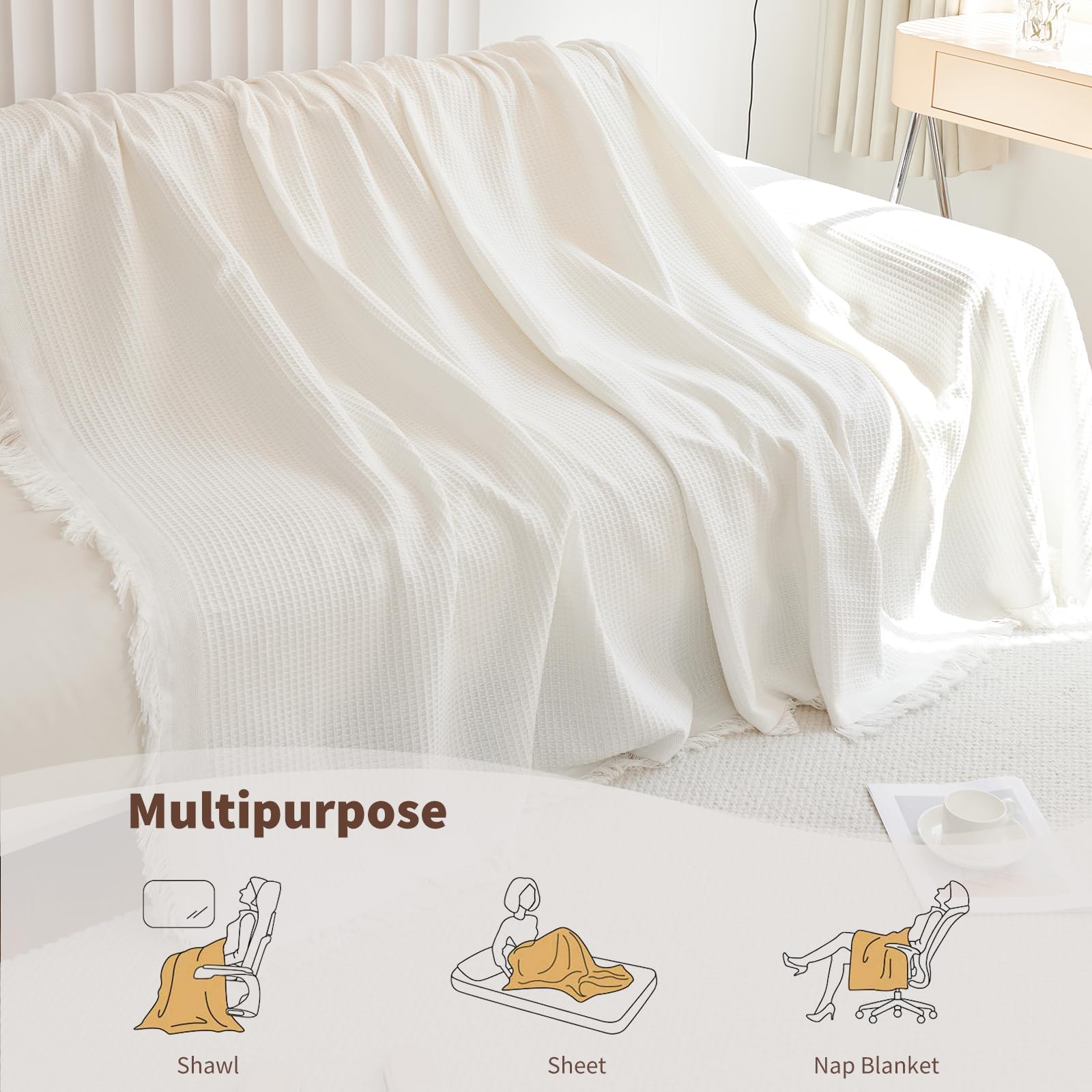Manta de punto grueso para sofás y camas, manta reversible suave para sillones, decorativa y cálida, 180 x 420 cm, color blanco puro