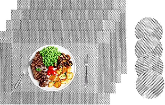 Miorkly Placemats and Coasters Sets of 4 Silver Grey Christmas Table Mats Resistant Washable PVC Table Place Mats and Coaster Sets for Home Restaurant