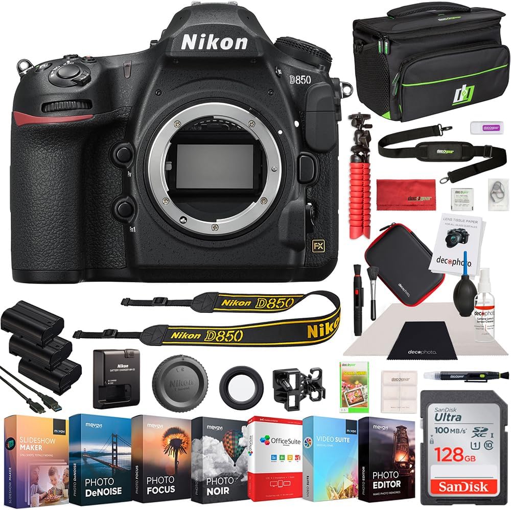 Nikon D850 45.7MP Full-Frame FX-Format Digital SLR Camera Body Bundle with 128GB Memory Card, Photo and Video Professional Editing Suite, Camera Bag, Cleaning Kit, 2X Rechargeable Li-Ion Battery