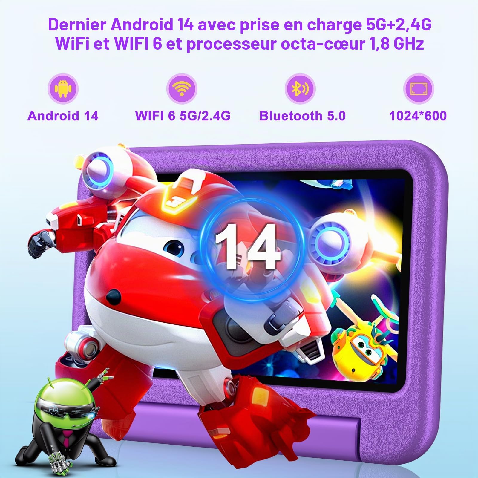 Tablette Enfants 7 Pouces Android AI Tablette avec 10GB RAM+64GB ROM(TF 1TB), Octa-Core|5G+2.4G WiFi 6 | Contrôle Parental | Dual Cameras | Bluetooth 5.0 | iWAWA Tablettes avec EVA Cas-Violet