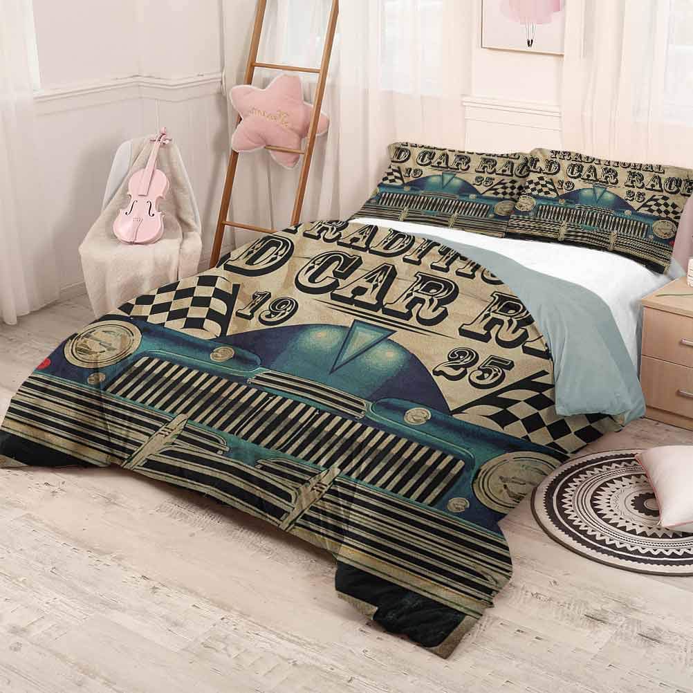 prunushome Cars Bedding-Sets Traditional Old Car Race Theme Nostalgic American Car with Flags Rusty Look Printing Bedclothes Decor Sand Brown Black Blue 80x90in/20x30inx2