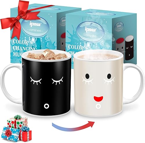 IPOW Taza que cambia de color, paquete de 2 tazas mágicas que cambian de calor para café matutino, té, leche, tazas de café de cerámica, taza