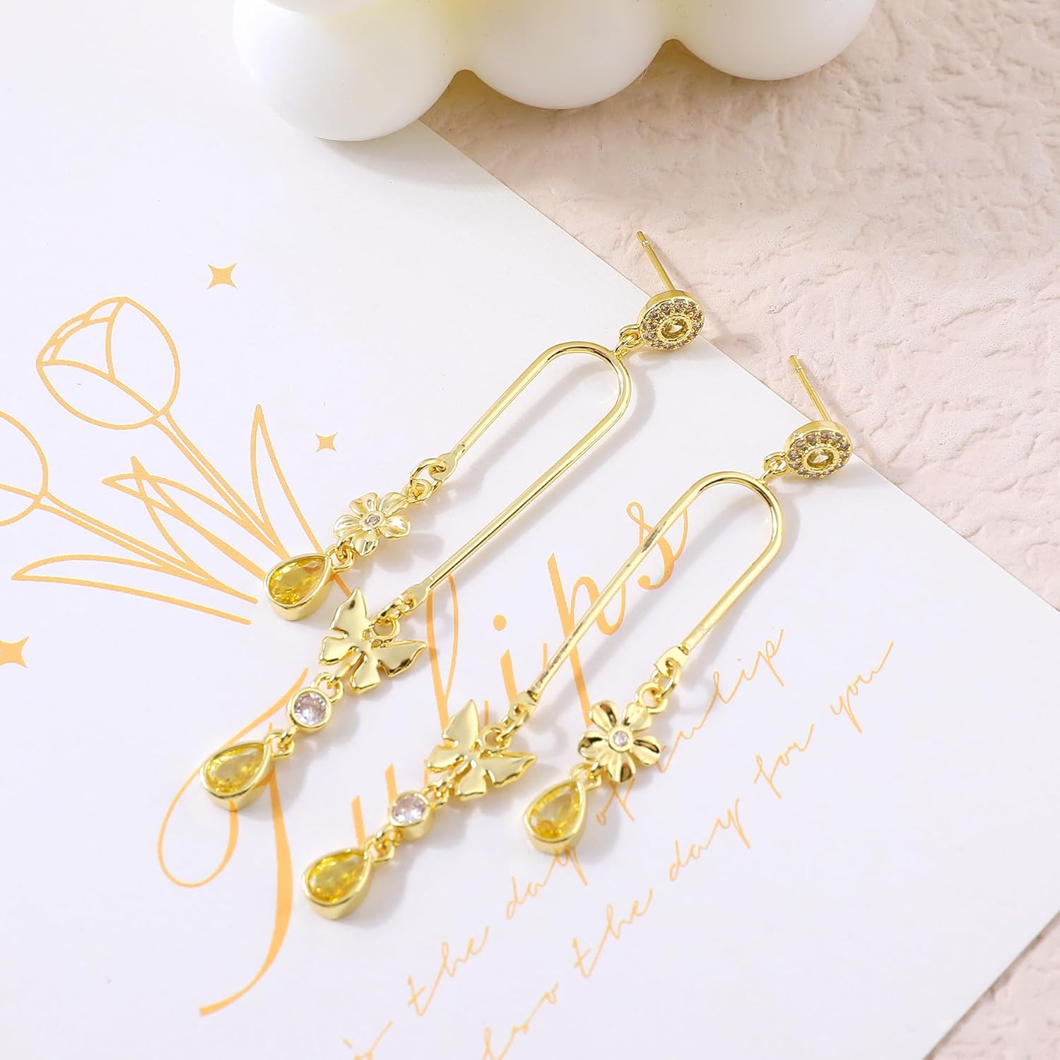 Gold Heart Bow Earrings for Women 14K Gold Plated Dangle U Shaped Earrings with Colorful Teardrop Cubic Zirconia Long Chain Bow Knot Butterfly Flower Moon Star Love Heart Cross Trendy Jewelry Gifts - Image 4