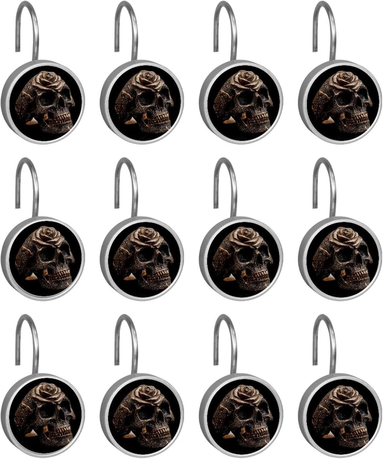 Set of 12 Black Gold Rose Skull (6) Shower Curtain Hooks, Stainless Steel Rust-Resistant Decorative Hanger Rings