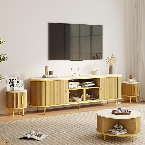 4-Piece Luxury Living Room Table Set, Includes 70" Fluted TV Stand, Fluted Coffee Table and Fluted Nightstand Set of 2 with Storage Drawers, Wood