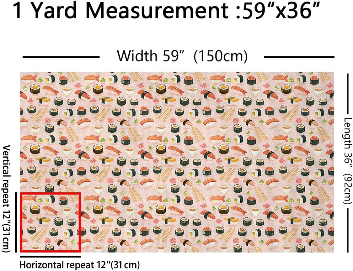 Cute Sushi Fabric by The Yard Japanese Style Watercolor Food Decor Fabric for Kids Teens Adults Watercolor Pink Flowers Girlish Fabric for DIY Upholstery and Home Accents 2 Yards,72" L x 59" W