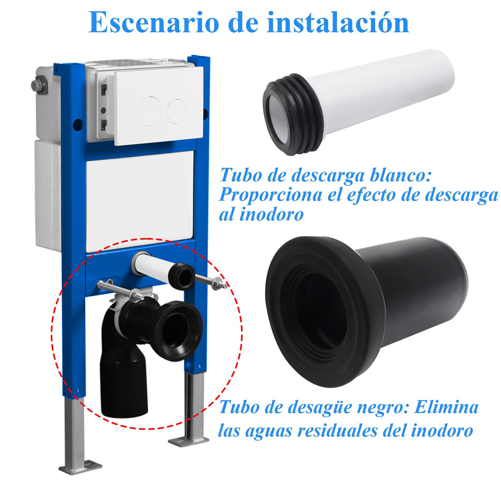 Kit de conexión para inodoro suspendido, compatible con Geberit 152.426.46.1, que incluye tubo de evacuación y tubo de llenado, con sello y componentes de fijación.