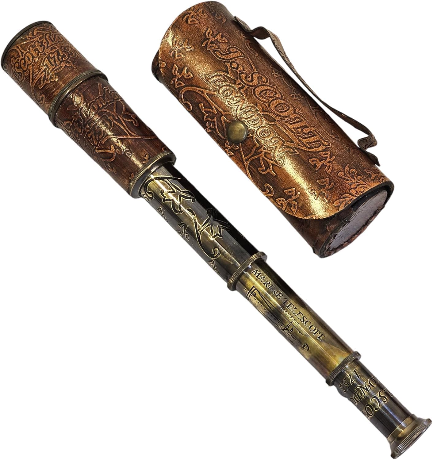 DanMart Brass Antique Nautical Brass Telescope with Leather Box J. Scott High Power Lens