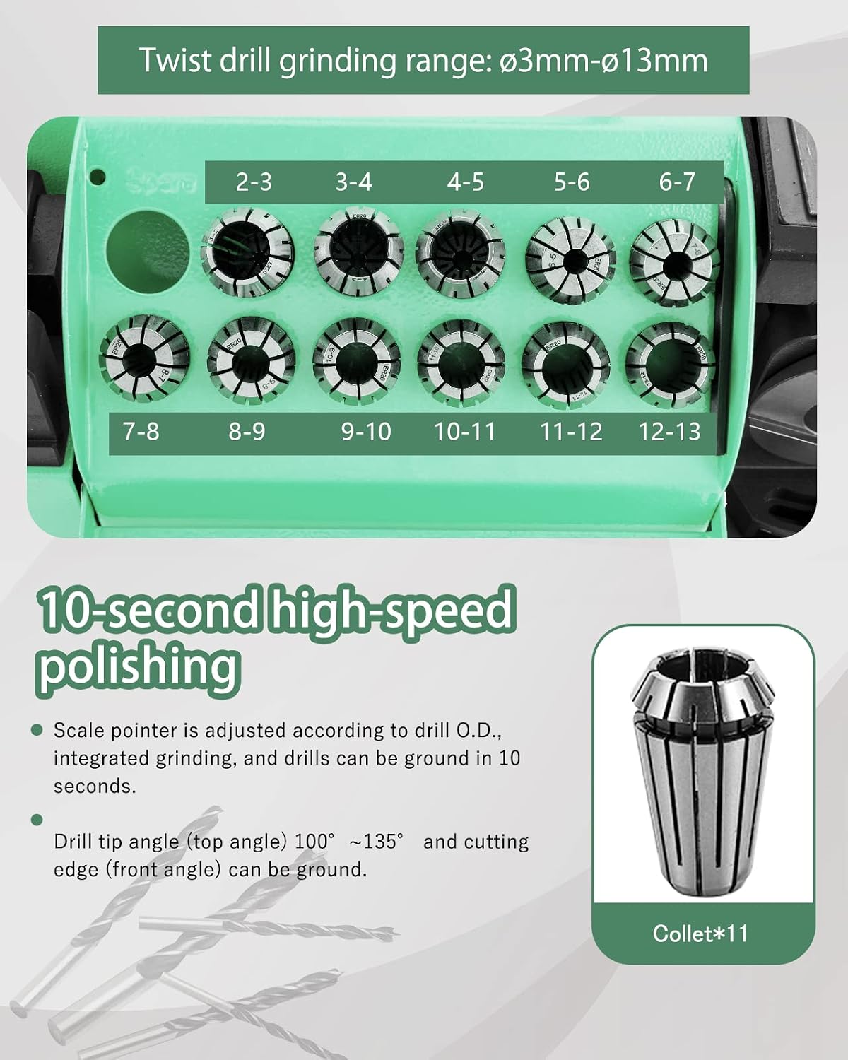 Drill Bits Sharpener Portable Drill Bit Grinder End Mill Re-Sharpener with 11 Collects Angle Adjustable High-Precision 13B (B(for HSS))