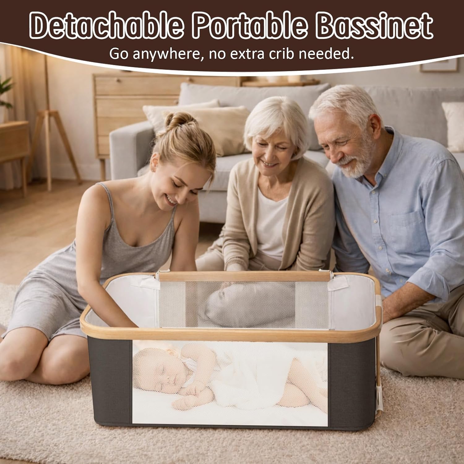 Rocking Baby Bassinet Bedside Sleeper, Detachable Portable Bassinet & Adjustable Crib with 8 Heights, Breathable Mesh, Storage Basket & Mobile Toy for Newborns to Toddlers(Graphite)