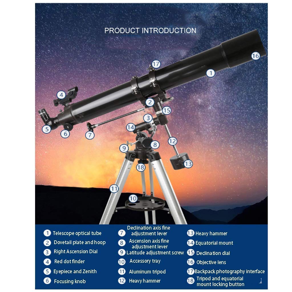 Telescopio con Prisma erecto de 90°, telescopio para Principiantes, Calibre portátil de 80 mm, Distancia Focal de 900 mm, telescopio Refractor con trípode y Bolsa de Transporte