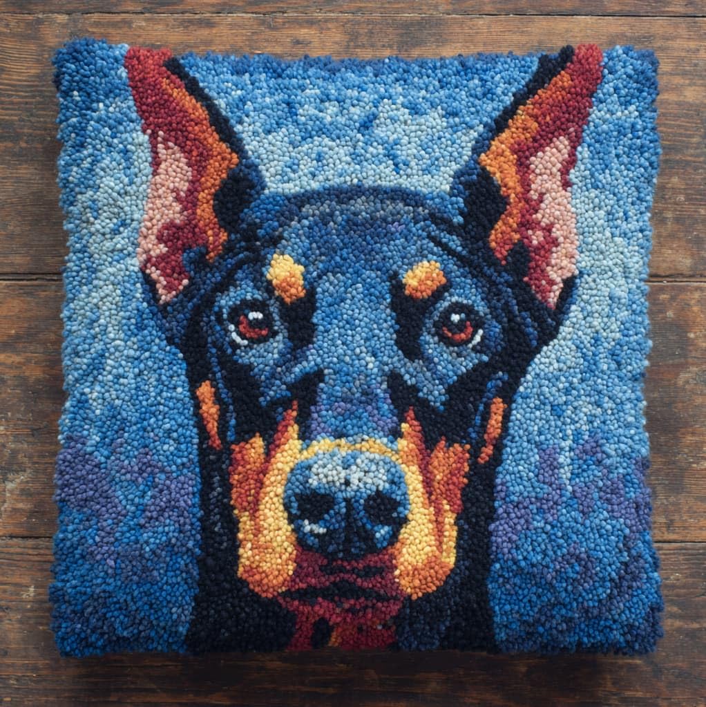 Henypt DIY Latch Hook Cushion Kit,Doberman Pinscher 43x43cm Sofa Pillow Cover Making Set,Premium Yarn & Printed Canvas with Clear Instructions