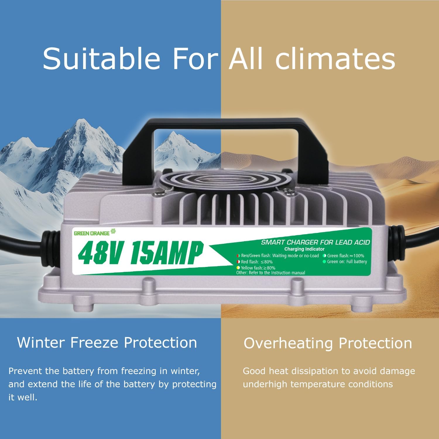 Green orange Club Car Charger, 48V 15A Golf Cart Charger, Golf Cart Battery Charger with 3-Pin Round Plug, 4-6H Fast Full Charge Trickle Charge, Lead Acid Battery Charger with Fan Design - Image 7