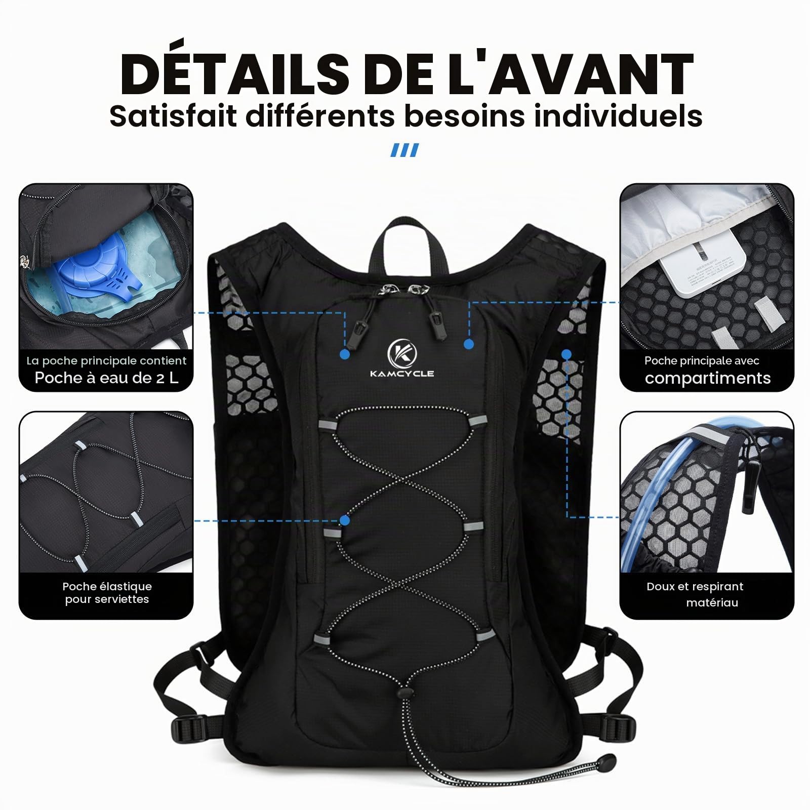 Sac à dos d'hydratation - Gilet de course avec bouteille souple de 500 ml et poche à eau de 2 l - Gilet de course - Ultra léger 180 g et respirant - Sac à dos de course pour homme et femme