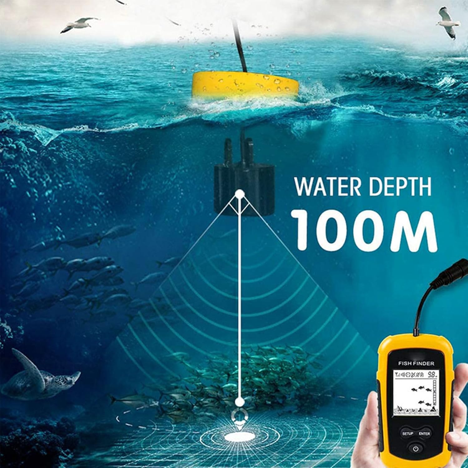 Portable Fish Depth Finder Handheld LCD Display Sonar Frequency Castable Kayak Boat Fishfinder for Anglers