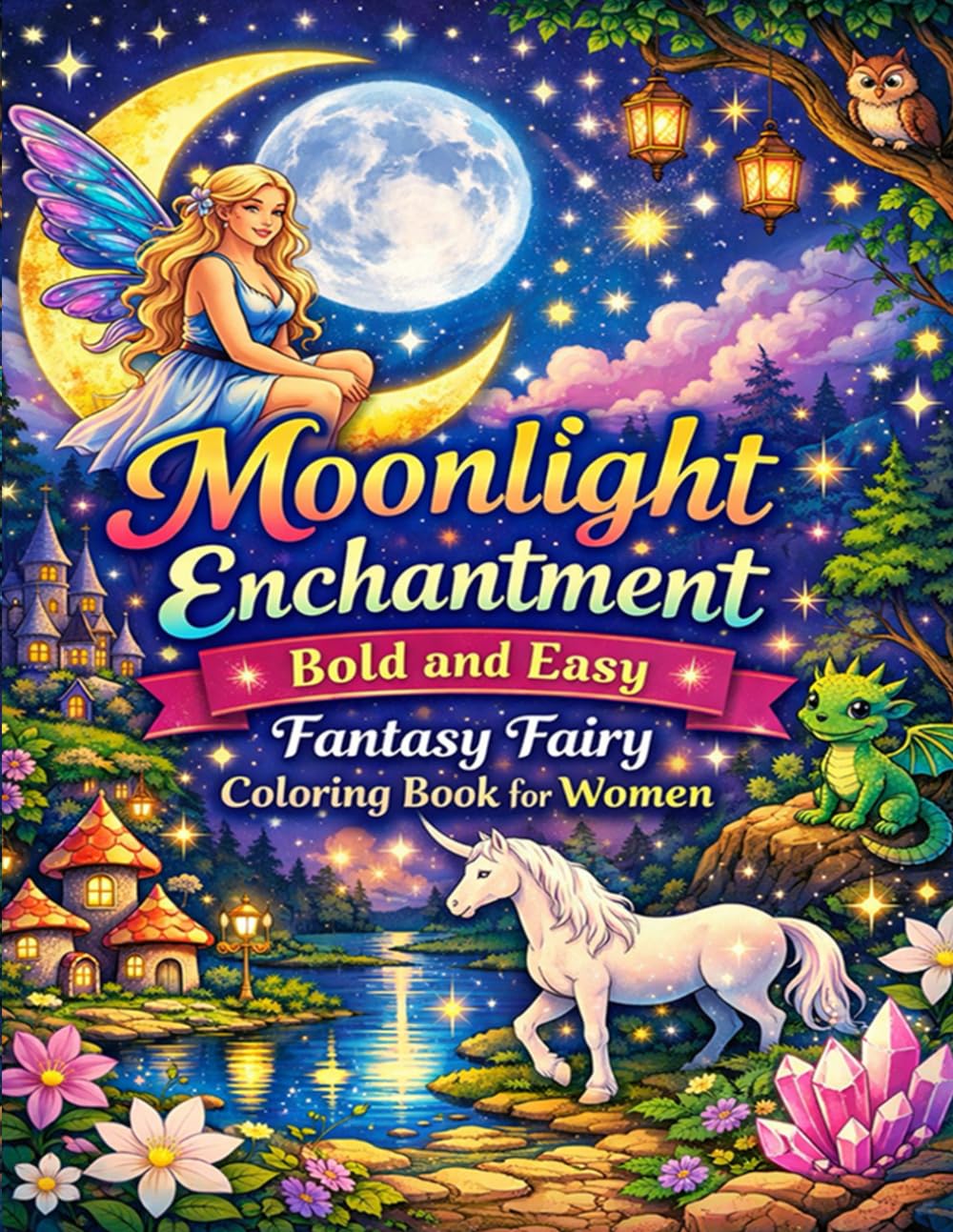Moonlight Enchantment: Bold and Easy Fantasy Fairy Coloring Book for Women: Moonlit Magic and Mythical Scenes