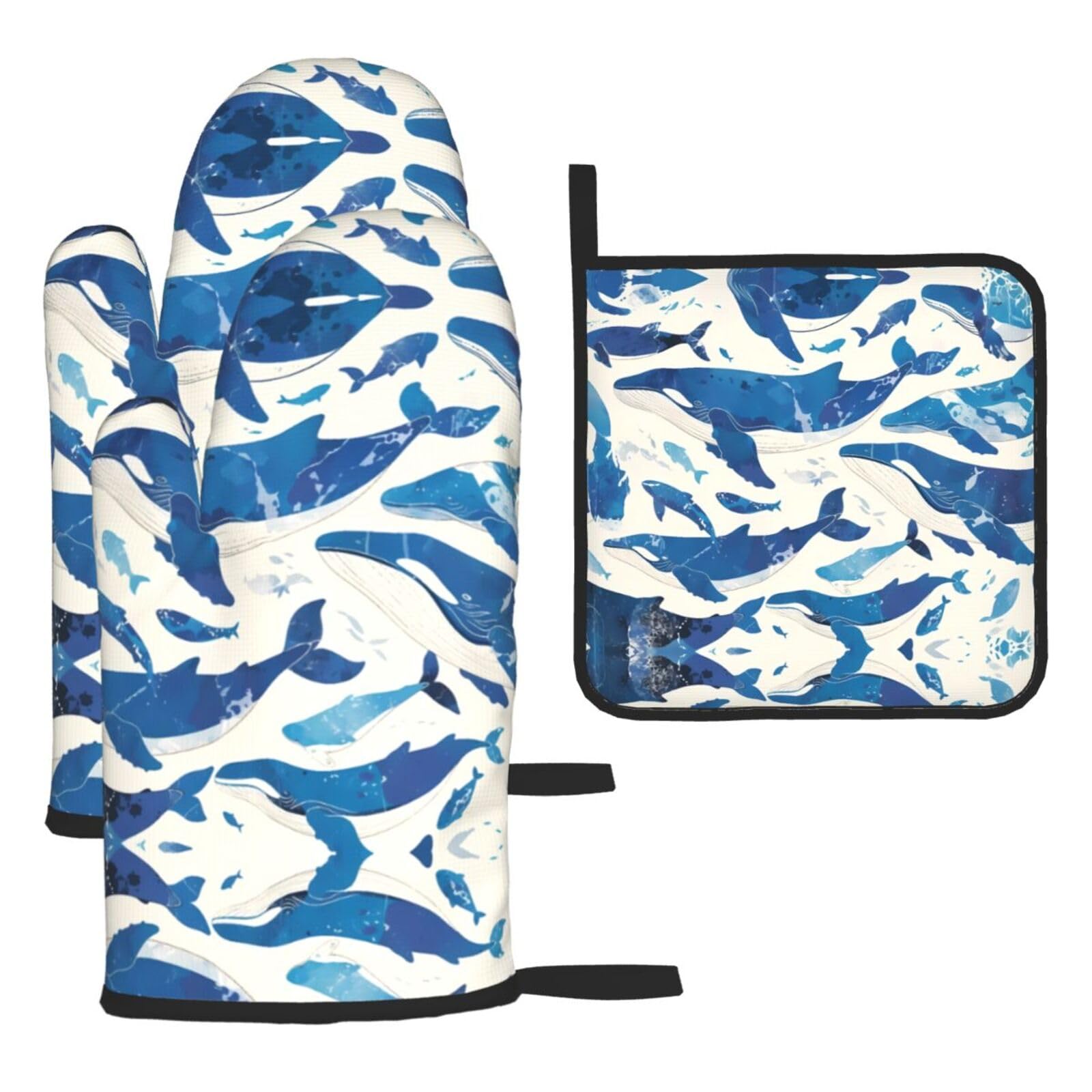 Whale pod Printed Oven Mitt Set 3-Piece | Heat Resistant Gloves & Pot Holder Mat for Cooking, Baking & BBQ