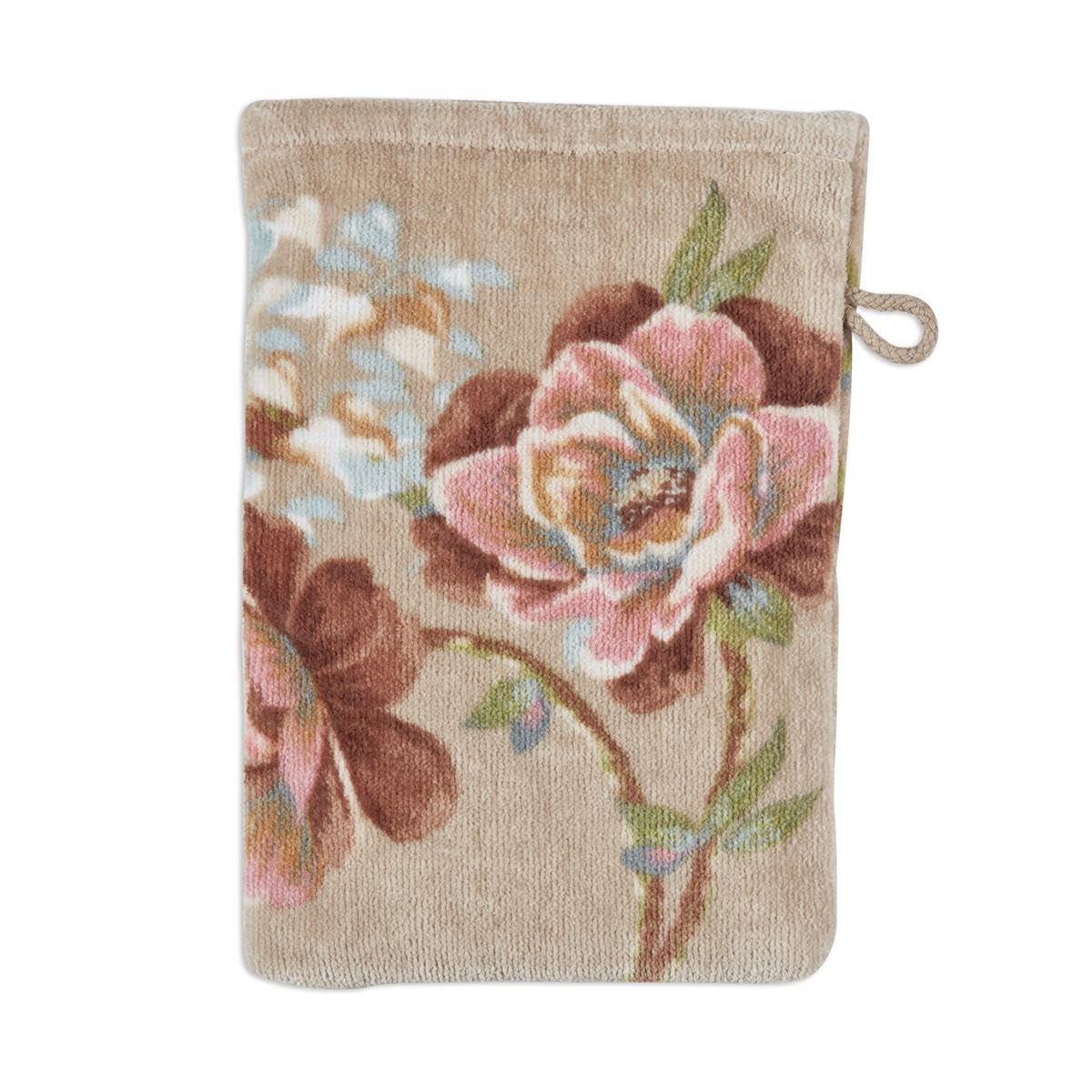 Produktbild von Pip Studio Les Fleurs Waschhandschuh – Weicher Baumwoll-Waschhandschuh Mit Blumenmuster In Khaki, 16x22 Cm