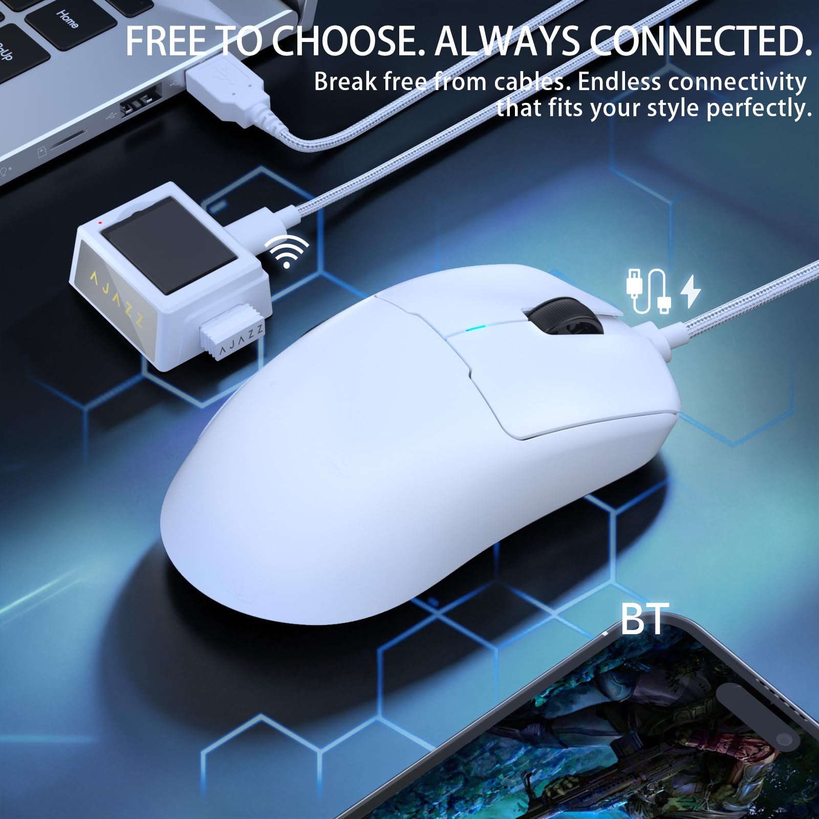 FREEWOLF X AJAZZ AJ159 V2 Ratón Gaming Inalámbrico, Batería Hot Swap, Triple Modo (2.4G/Bluetooth/Cableado), Sensor PAW3395, Ultraligero 54 g, hasta 32000 dpi, Tasa de Sondeo 1000Hz