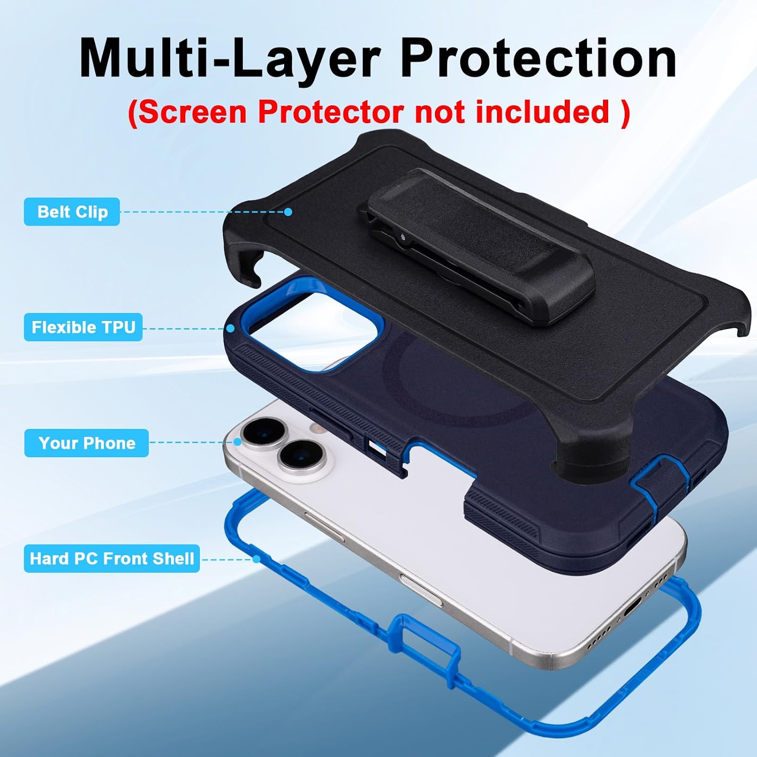 for iPhone 17 Case with Belt Clip, Compatible with MagSafe, Heavy Duty Military Grade Drop Protection, 3-Layer Rugged Shockproof for Protective iPhone 17 Case (Navy+Blue)