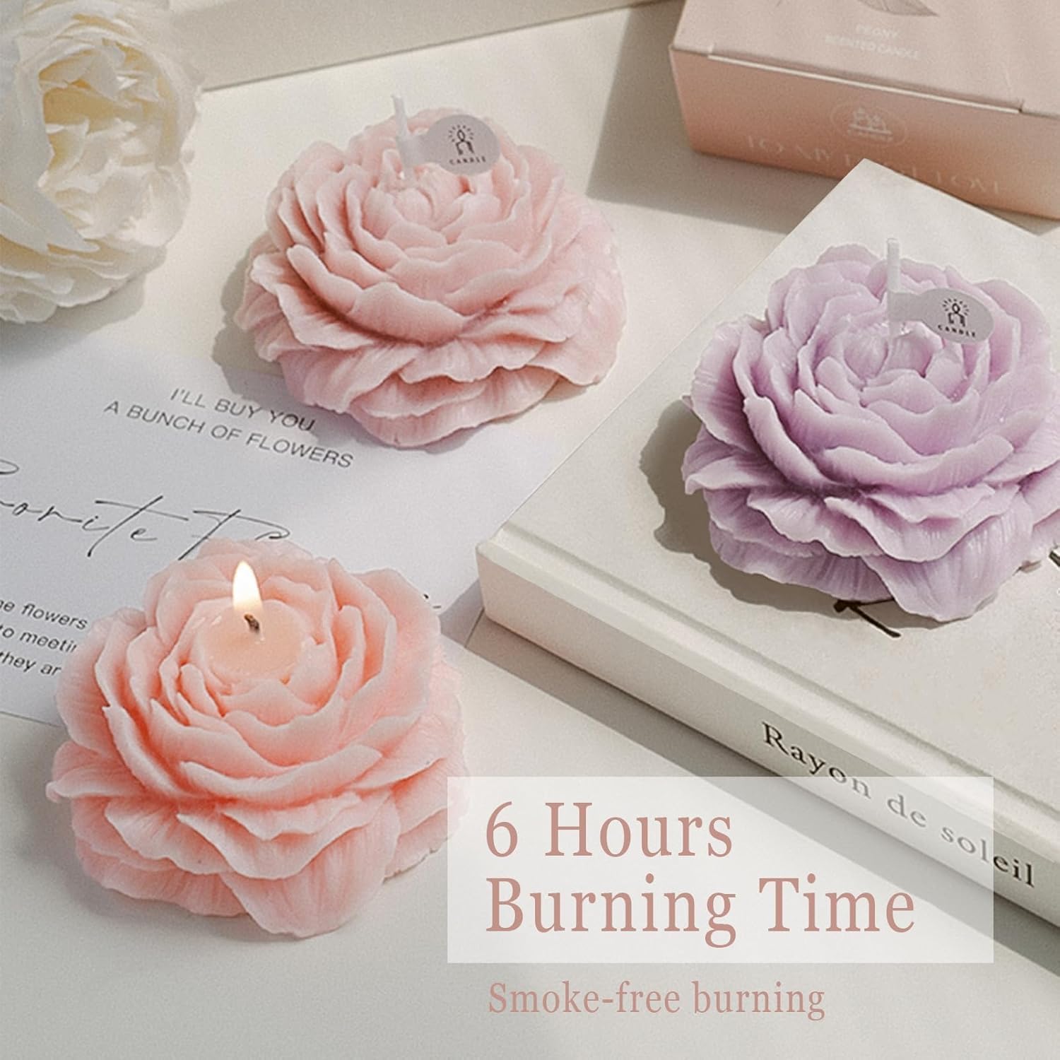 Purple - Pink Peony Flower - Shaped Candles Set for Women, Aromatic Pastel - Colored Candles with a Delicate Flower and Berry Fragrance, Candle Gift Set, Natural Soy Wax, 4 - Pack Set
