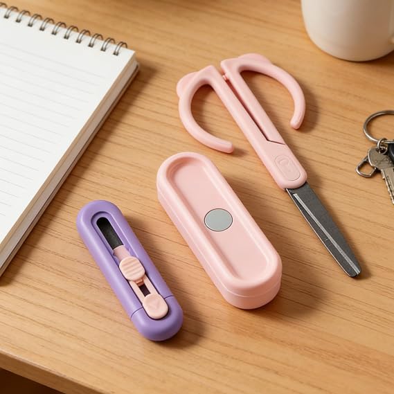 2-in-1 Magnetic Scissors & Box Opener for Home Office - Non-Stick Scissors with Box Cutter Retractable| Safe Cutting Tool (pink)