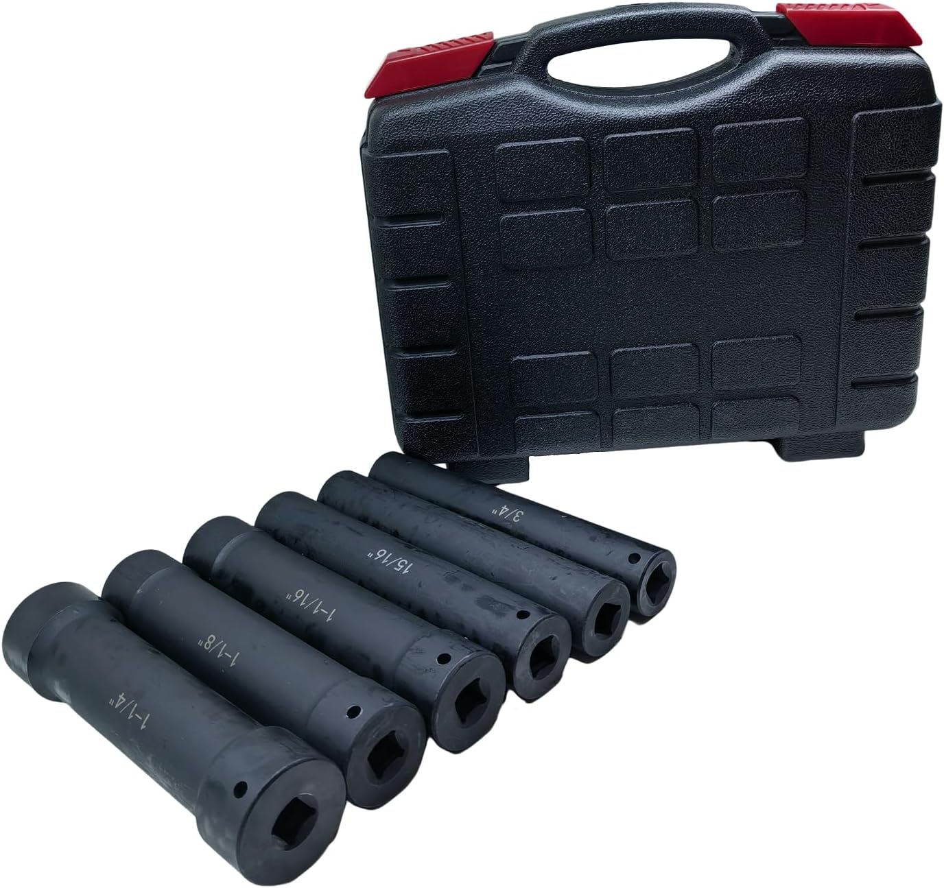 1/2 Inch Drive Extra Deep Impact Socket Set, 6.7" Long，6-Piece，Includes Sizes 3/4", 7/8", 15/16", 1-1/16", 1-1/8", 1-1/4", with Storage Case， for Long Threaded Rods，Bolts or Studs