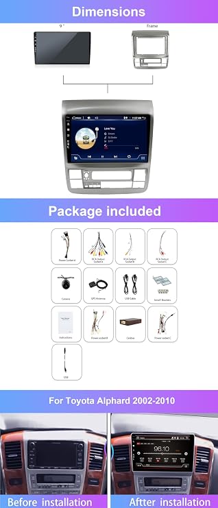 Android 15 Car Stereo Radio For Toyota Alphard 2002-2010 Wireless CarPlay/Android Auto AM FM RDS Radio GPS Navigation WiFi Bluetooth 2G+64G 9 Inch IPS