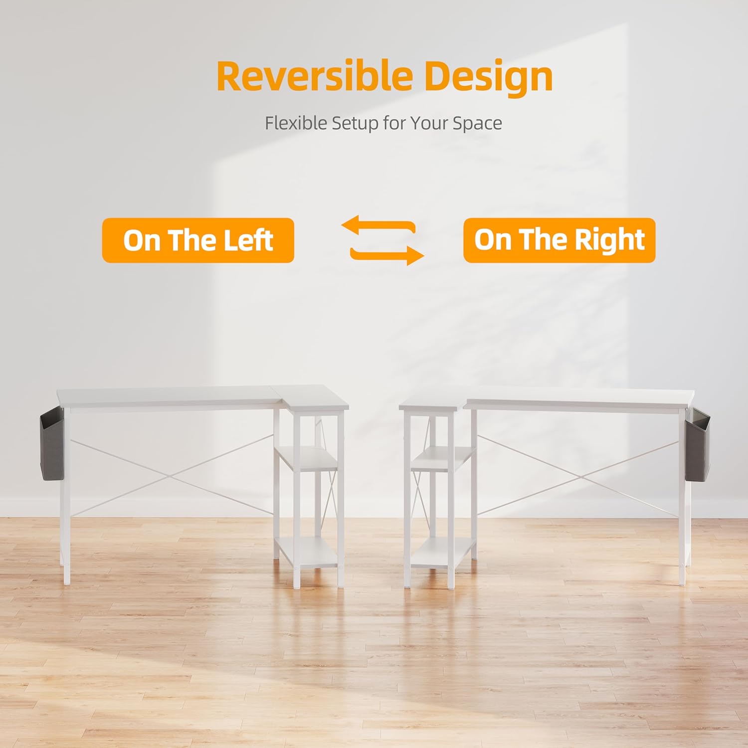 Diagram showing reversible desk design for left or right configuration