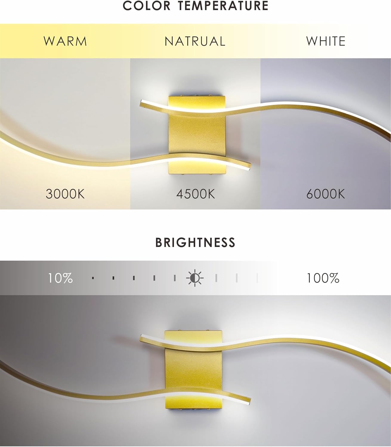 39" Gold Battery Operated Wall Sconces Set of 2, Curved Wireless Wall Lights with Remote, Dimmable Rechargeable LED Art Decor for Bedroom Living Room Hallway (No Wiring)