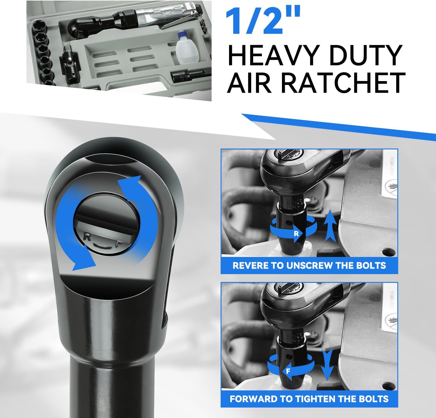 Auto Dynasty 17 Pieces 1/2" Air Ratchet Wrench Kit Set Heavy-Duty Aluminum Body, 50 ft-lb Max Torque, 160 RPM Speed, Versatile Pneumatic Sockets