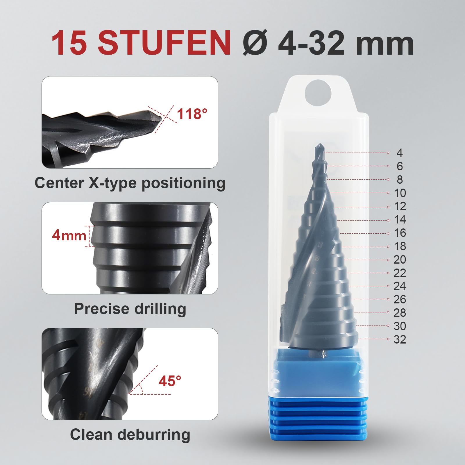Broca Escalonada para Metal Ø 4-32mm, HSS M42 Broca Conica TiAlN Cobalto, con Vástago Hexagonal, Profesional 15 Pasos Doble Espiral Brocas para Acero Inoxidable, Metal Duro, Madera, Plástico