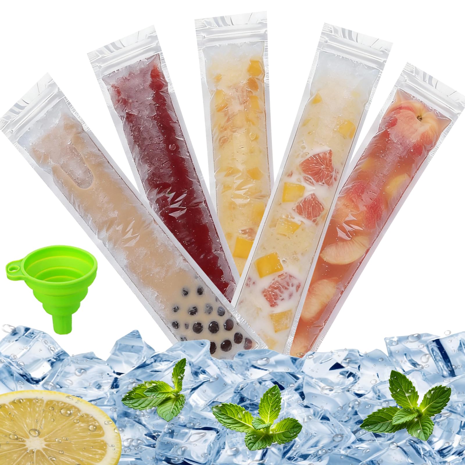 100 Pcs Ice Popsicle Mold Bags, Ice Cube Bags, DIY Ice Lolly Moulds BPA Free Freezer Tubes with SealsIce Pop Bags for Yogurt Juice Smoothies Candy Pops, with 1 Funnel