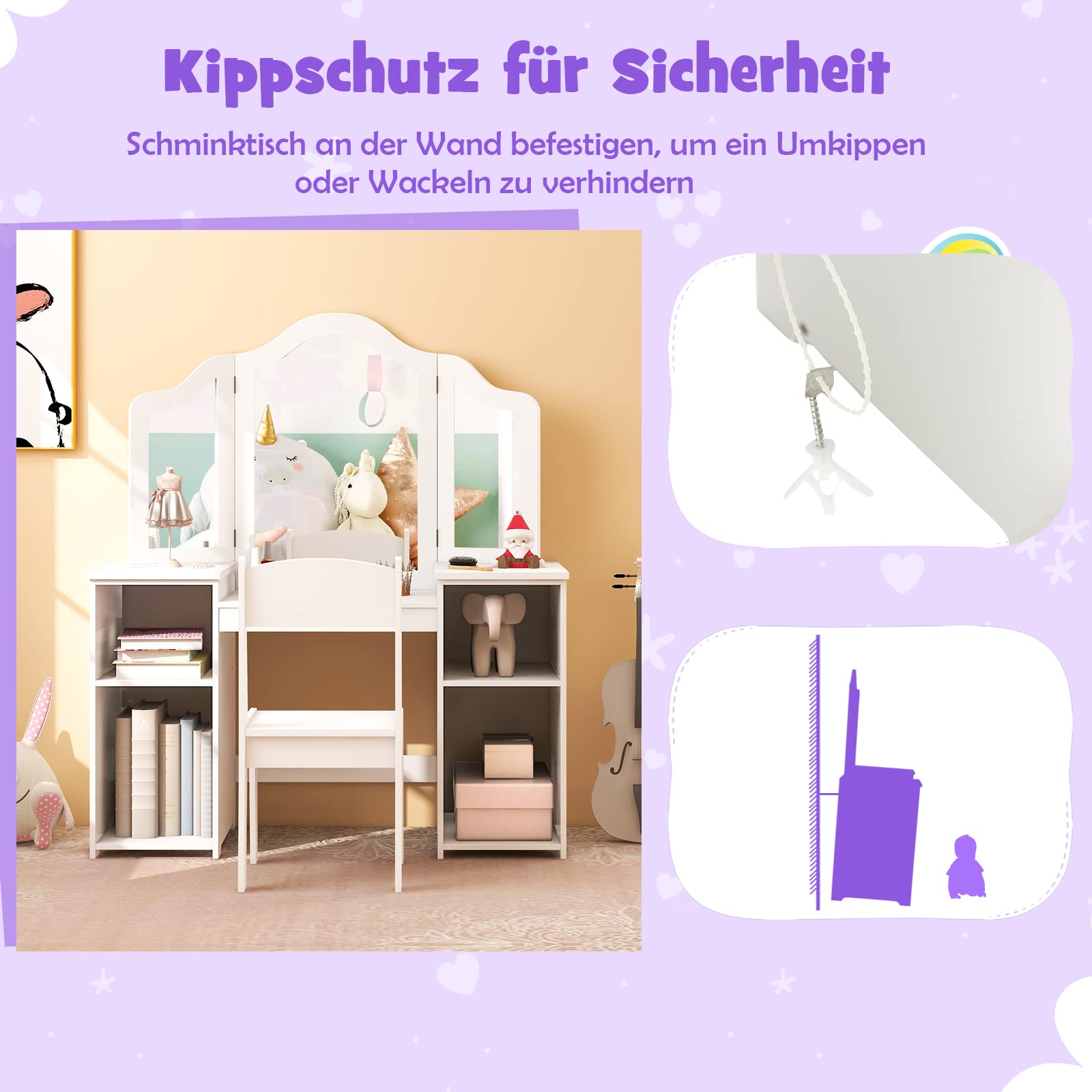 DREAMADE 2 in 1 Kinder Schminktisch mit Hocker und abnehmbarem Spiegel, Prinzessin Frisiertisch mit 4 offenen Ablageflächen, Kinderschminktisch für Kinder Mädchen (Weiß-mit Hocker ohne Box)