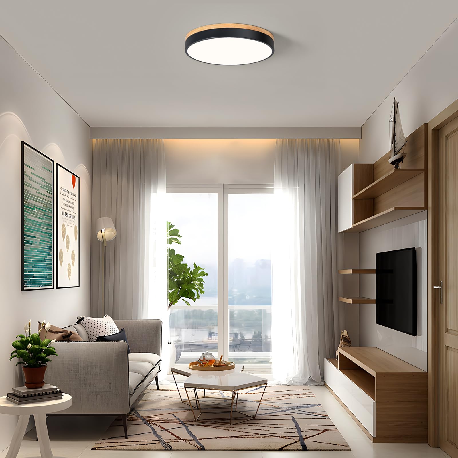 Plafon Led Techo, Plafon Techo Negro, 4000K, 36W, Ø40 cm | Moderna Lampara Techo Madera, para Dormitorio, Sala de Estar, Comedor, Cocina, Pasillo