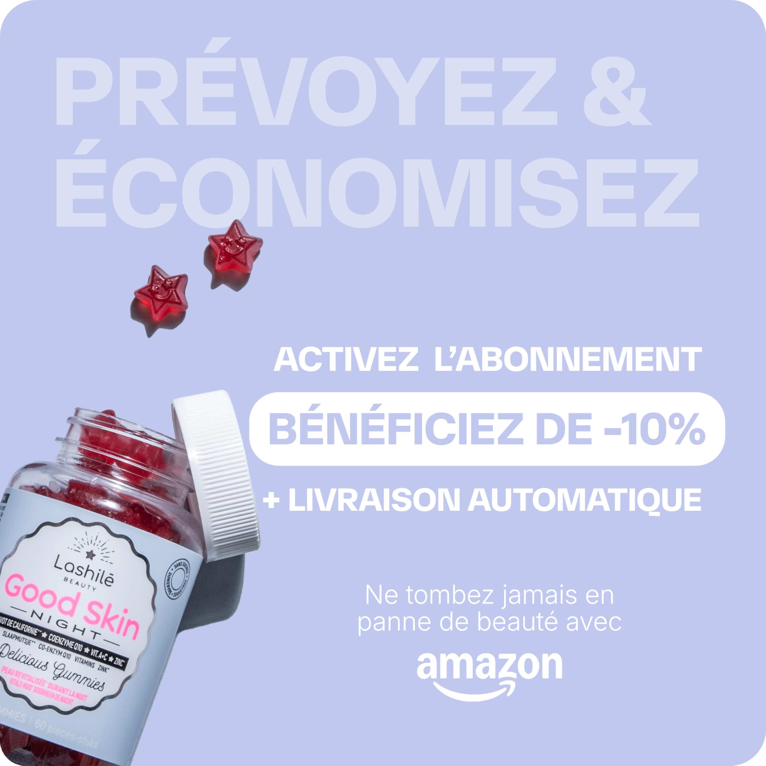 Lashilé Beauty - Complément Alimentaire - Régénérateur de peau pendant la nuit - Good Skin Night - Made In France - Coenzyme Q10 Vitamine A C Zinc - Cure 3 Mois 180 Gummies