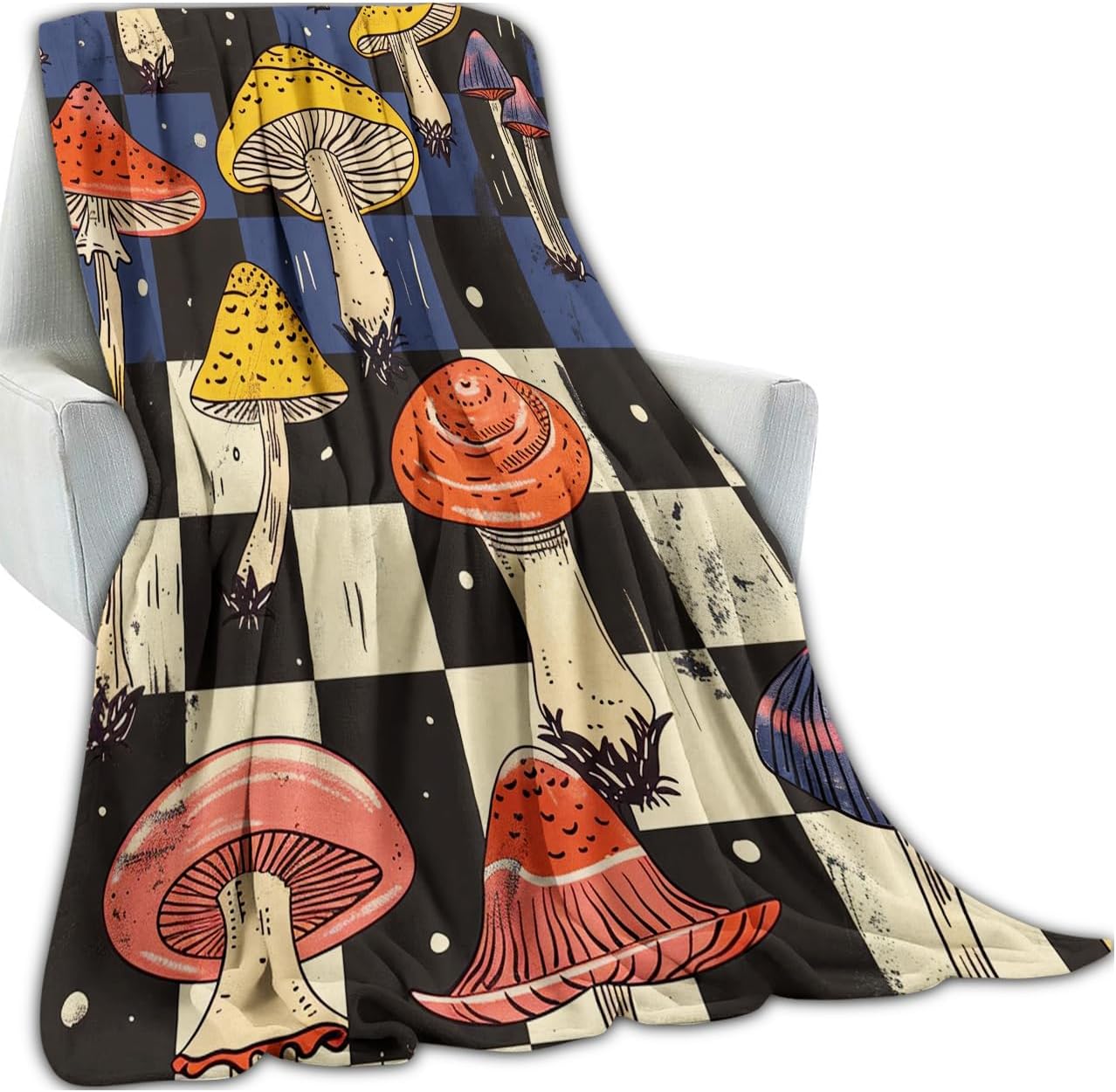 Vintage Mushroom Throw Blanket, Colorful Mushrooms Checkerboard Blankets for Bedroom Living Room Couch Decor, Fuzzy Cozy Soft Lightweight Throws, Birthday Gifts for Kids Boys Girls, 50x60 in image 2