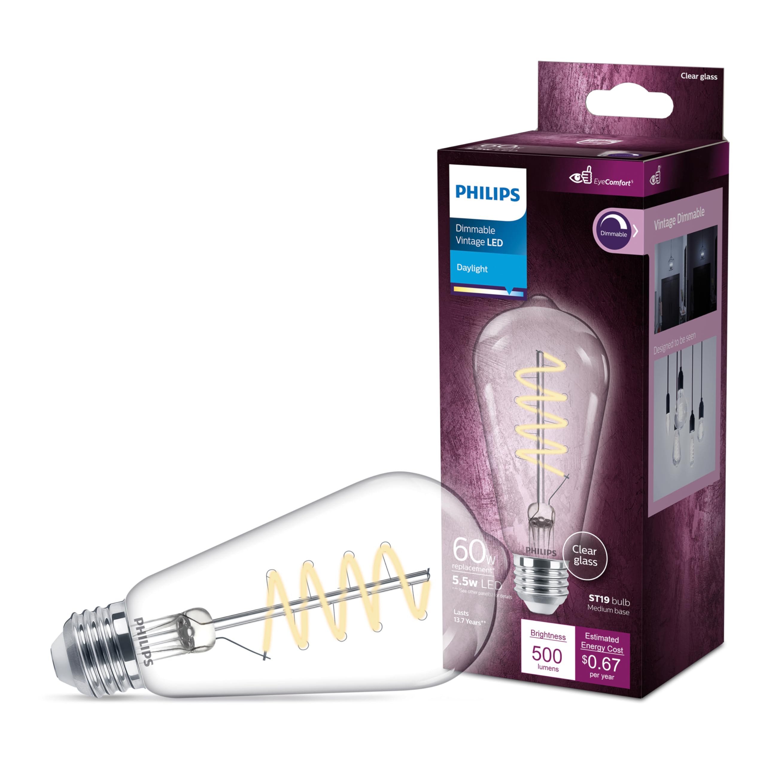 PHILIPS LED 60W ST19 1-Pack Vintage Edison Spiral Daylight 5000K 500 Lumen 5 5W 60W Dimmable Flicker-Free Light